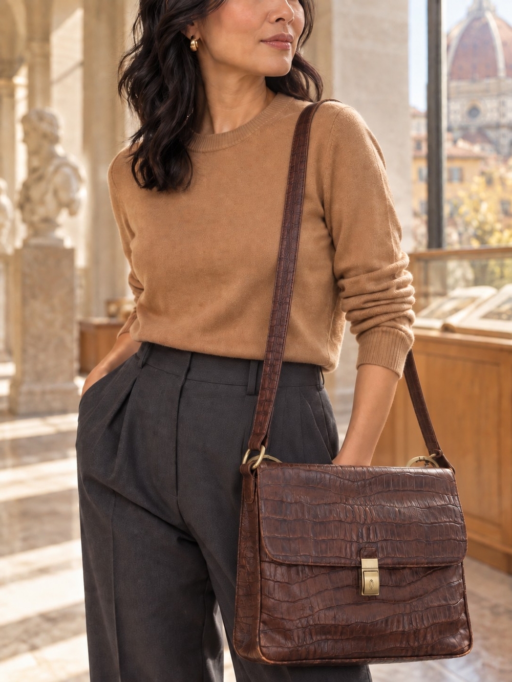 Tuscan's Italy Vintage Brown Croc Embossed Leather Messenger Crossbody Bag